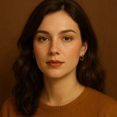 Young woman with dark, wavy hair and a warm-toned sweater, looking directly at the camera.